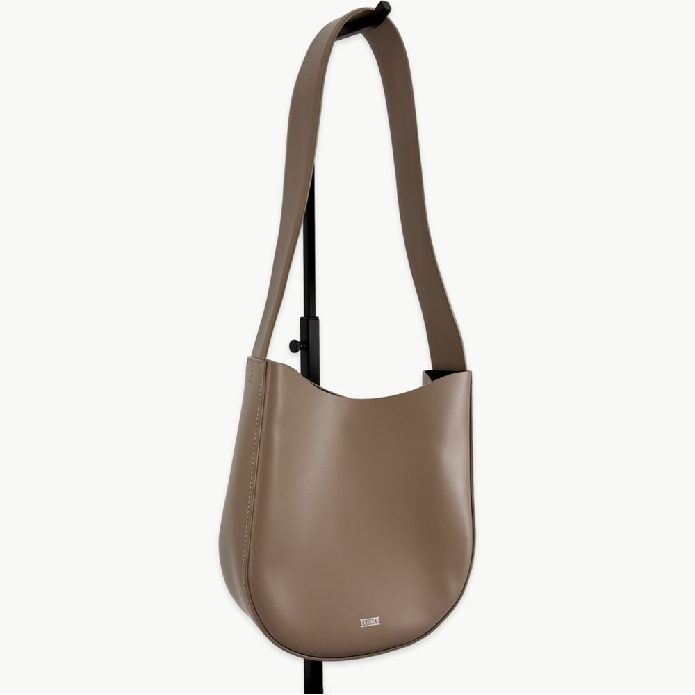 Closed Half Round 100% Calfskin Leather Tote Shoulder Bag | Grey - Picture 10 of 15